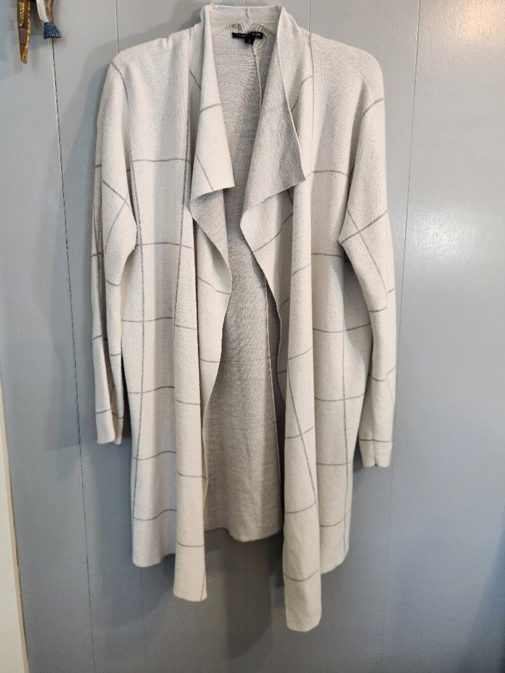 Eileen Fisher windowpane cardigan long sweater cotton silk open front